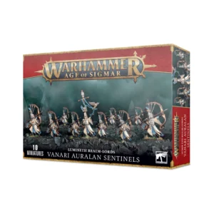 Photo de la boîte de figurines Lumineth : Vanari Auralan Sentinels pour le jeu de plateau Warhammer Age of Sigmar. L'illustration de l'emballage met en scène une unité de 10 archers elfes en armure blanche, bleue et dorée, alignés dans un décor rocheux et brumeux. Ils bandent leurs longs arcs, menés par un chef d'unité portant une bannière surmontée d'un oiseau. Le logo officiel Warhammer trône en haut de la boîte.