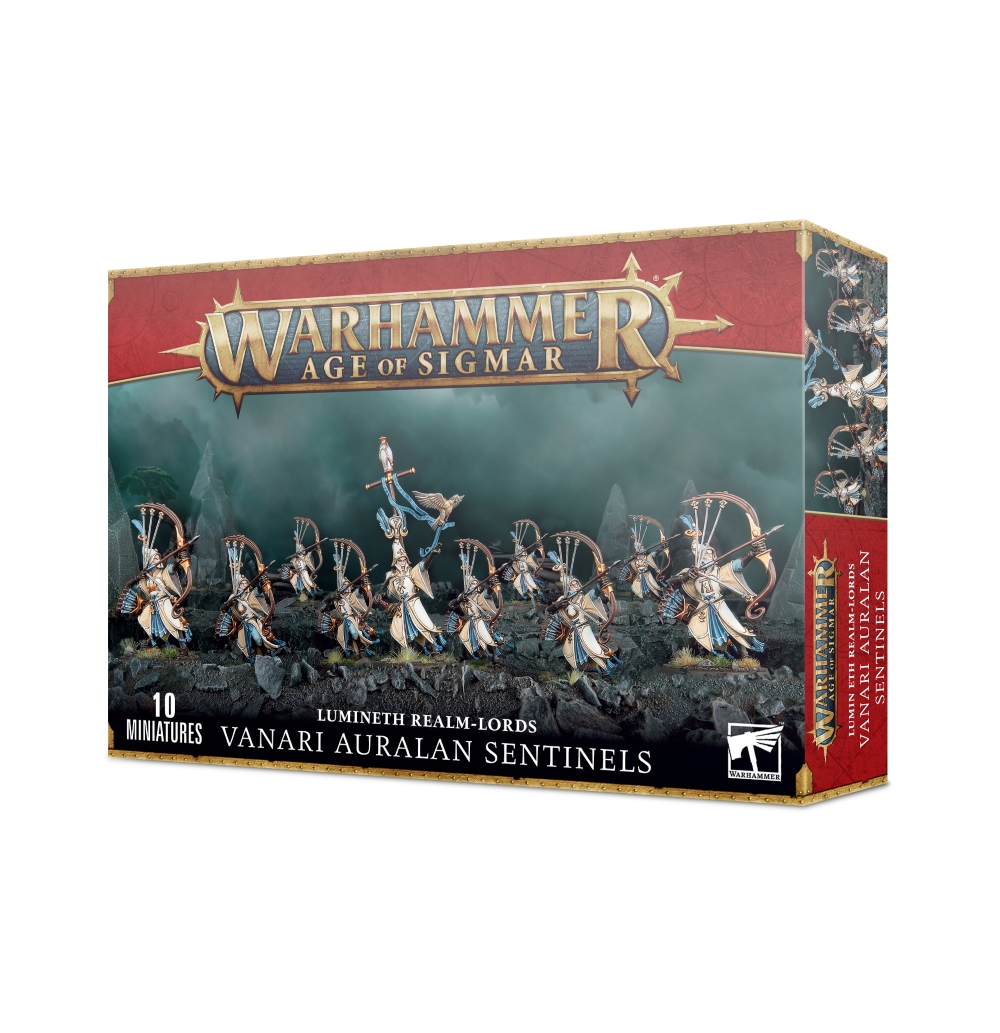 Photo de la boîte de figurines Lumineth : Vanari Auralan Sentinels pour le jeu de plateau Warhammer Age of Sigmar. L'illustration de l'emballage met en scène une unité de 10 archers elfes en armure blanche, bleue et dorée, alignés dans un décor rocheux et brumeux. Ils bandent leurs longs arcs, menés par un chef d'unité portant une bannière surmontée d'un oiseau. Le logo officiel Warhammer trône en haut de la boîte.