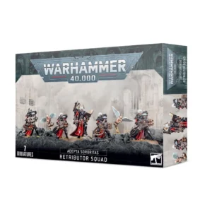 Photo de face de l'emballage de la boîte de figurines Escouade Retributor (indiquée sous le nom officiel Adepta Sororitas Retributor Squad). Le logo officiel "WARHAMMER 40,000" est positionné en haut au centre. L'illustration principale met en scène un groupe de 7 figurines progressant sur un monticule de roches noires et de débris. On y voit cinq Sœurs de Bataille aux cheveux blancs, vêtues d'armures énergétiques noires et de drapés rouge vif. Quatre d'entre elles épaulent de lourdes armes de destruction, tandis qu'au centre, la Sister Superior tient un livre sacré ouvert et brandit une masse d'armes d'apparat. Deux petits chérubins ailés volent à leurs côtés pour transporter des réservoirs et des munitions. L'arrière-plan affiche la silhouette pâle et brumeuse d'une immense cathédrale gothique impériale. En bas, un bandeau noir porte l'inscription "ADEPTA SORORITAS RETRIBUTOR SQUAD" avec la mention "7 MINIATURES" visible dans le coin inférieur gauche.