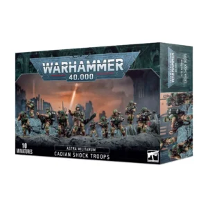 Photo de face de l'emballage de la boîte de figurines Troupes de Choc Cadiennes (Astra Militarum Cadian Shock Troops). Le logo officiel "WARHAMMER 40,000" est positionné en haut au centre. L'illustration principale met en scène une escouade de dix soldats humains en uniforme de l'Astra Militarum, portant des vestes de combat beige clair et des armures ainsi que des casques vert olive. Au centre, un sergent pointe le doigt vers l'avant tout en tenant une épée tronçonneuse abaissée. Les autres gardes progressent sur un sol rocailleux gris foncé, armés de fusils laser, d'un lance-tambour et d'équipements radio de terrain. L'arrière-plan montre les silhouettes de cités-ruches en ruines sous un ciel crépusculaire orange et brumeux, traversé par un puissant rayon lumineux vertical. En bas, un bandeau noir affiche "ASTRA MILITARUM CADIAN SHOCK TROOPS" avec l'inscription "10 MINIATURES" à gauche.