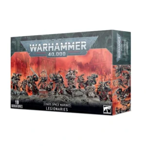 Photo de l'emballage de la boîte de figurines pour Warhammer 40,000. En haut, le logo argenté "WARHAMMER 40,000" domine une illustration dramatique sur fond de ciel rouge embrasé et de ruines de cathédrales gothiques détruites. L'image présente une escouade de 10 Space Marines du Chaos : Légionnaires en armures assistées noires et dorées, ornées de cornes, de crânes et de pointes macabres. Ils avancent de front sur un sol rocheux en brandissant des épées tronçonneuses, des bolters et une lourde hache. En bas à gauche, on peut lire la mention "10 MINIATURES".