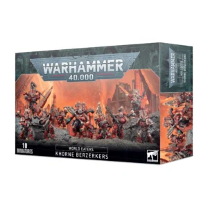 Photo de face de l'emballage de la boîte de figurines Berzerks de Khorne (indiquée sous le nom officiel World Eaters Khorne Berzerkers). Le logo officiel "WARHAMMER 40,000" est positionné en haut au centre. L'illustration principale met en scène une escouade de dix Space Marines du Chaos chargeant avec rage à travers un paysage de désolation rocailleuse. Ils portent des armures massives rouge sang et laiton ornées de pointes et de motifs iconiques de Khorne, et brandissent des armes de mêlée brutales. L'arrière-plan est plongé dans une atmosphère de guerre apocalyptique sous un ciel embrasé de fumée, d'explosions et de lueurs orange vif qui se détachent derrière des ruines gothiques détruites. En bas, un bandeau noir affiche "WORLD EATERS KHORNE BERZERKERS" avec l'inscription "10 MINIATURES" dans le coin inférieur gauche.