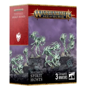 Photo de face de l'emballage de la boîte de figurines Nighthaunt : Spirit Hosts pour le jeu Warhammer Age of Sigmar. Le logo officiel doré "WARHAMMER AGE OF SIGMAR" est positionné en haut au centre. Sur la gauche, un large bandeau texturé rouge comporte un logo blanc en forme de crâne stylisé et enflammé. L'illustration principale met en scène trois nuées d'esprits éthérés de couleur vert pâle translucide. Ces spectres se tordent en l'air, leurs visages squelettiques figés dans des rictus de terreur et de rage. Ils flottent au-dessus d'un sol de cimetière sombre en ruine, parsemé de dalles funéraires et de débris. L'arrière-plan est plongé dans une brume nocturne aux teintes violettes et grises. En bas, une section noire indique "NIGHTHAUNT SPIRIT HOSTS" avec la mention "3 CITADEL MINIATURES" visible sur la droite.