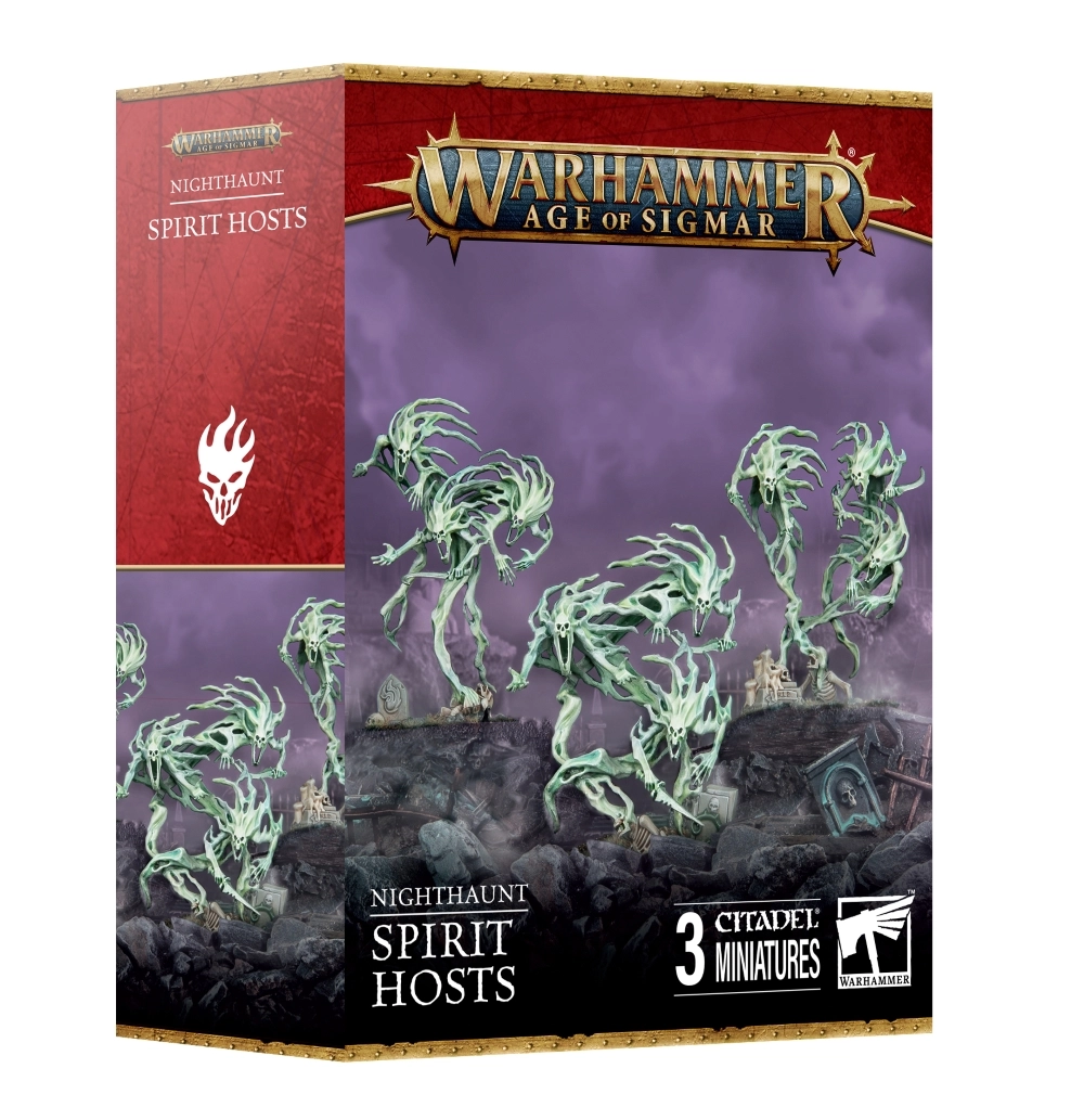 Photo de face de l'emballage de la boîte de figurines Nighthaunt : Spirit Hosts pour le jeu Warhammer Age of Sigmar. Le logo officiel doré "WARHAMMER AGE OF SIGMAR" est positionné en haut au centre. Sur la gauche, un large bandeau texturé rouge comporte un logo blanc en forme de crâne stylisé et enflammé. L'illustration principale met en scène trois nuées d'esprits éthérés de couleur vert pâle translucide. Ces spectres se tordent en l'air, leurs visages squelettiques figés dans des rictus de terreur et de rage. Ils flottent au-dessus d'un sol de cimetière sombre en ruine, parsemé de dalles funéraires et de débris. L'arrière-plan est plongé dans une brume nocturne aux teintes violettes et grises. En bas, une section noire indique "NIGHTHAUNT SPIRIT HOSTS" avec la mention "3 CITADEL MINIATURES" visible sur la droite.