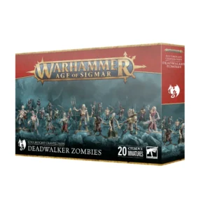 Photo de face de l'emballage de la boîte de figurines Soulblight Gravelords : Deadwalker Zombies (Zombies Marchemorts) pour le jeu Warhammer Age of Sigmar. Le logo officiel doré "WARHAMMER AGE OF SIGMAR" est positionné en haut vers la gauche. Sur la droite, un bandeau texturé rouge présente un logo blanc représentant une créature ailée ou un dragon stylisé. L'illustration principale montre une immense horde de 20 zombies à la peau livide et décharnée avançant de front sur une crête de roches sombres aux teintes bleu-vert. Ces créatures en décomposition portent des vêtements en lambeaux et tiennent diverses armes improvisées, telles que des fourches, des faux, ou traînent de lourdes pierres tombales attachées à leur dos. L'arrière-plan est plongé dans une atmosphère de cimetière brumeux et sinistre, révélant la silhouette lointaine d'une grande grille en fer forgé gothique. En bas, une section noire indique "SOULBLIGHT GRAVELORDS DEADWALKER ZOMBIES" avec la mention "20 CITADEL MINIATURES" bien visible au centre droit.