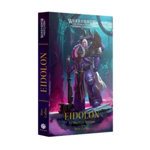 Illustration de la couverture du livre Eidolon: le Marteau Aurique. Au centre, un Space Marine massif aux cheveux blancs arbore une armure énergétique violette et dorée richement sculptée, ornée d'un motif d'aile sur l'épaulière. Il s'appuie sur un immense marteau de guerre technologique posé au sol. L'arrière-plan baigne dans une atmosphère sombre aux reflets violets et turquoises. En haut de l'ouvrage, le logo "WARHAMMER THE HORUS HERESY" est imprimé en blanc. Le titre et le nom de l'auteur, Marc Collins, apparaissent en lettres dorées au bas et sur la tranche violette à gauche.