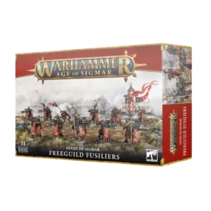 Photo de la boîte de figurines Fusiliers des Guildes Franches pour l'armée Cities of Sigmar de Warhammer Age of Sigmar. L'illustration montre une unité de 11 soldats humains en uniforme bordeaux et noir sur un champ de bataille embrumé. Ils sont abrités derrière de lourds boucliers d'acier plantés au sol (pavois) pour stabiliser leurs grands fusils à silex. Un musicien et un sergent portant une haute bannière ornée de crânes et d'un ruban rouge mènent la formation. Le logo officiel Warhammer Age of Sigmar est affiché en haut.