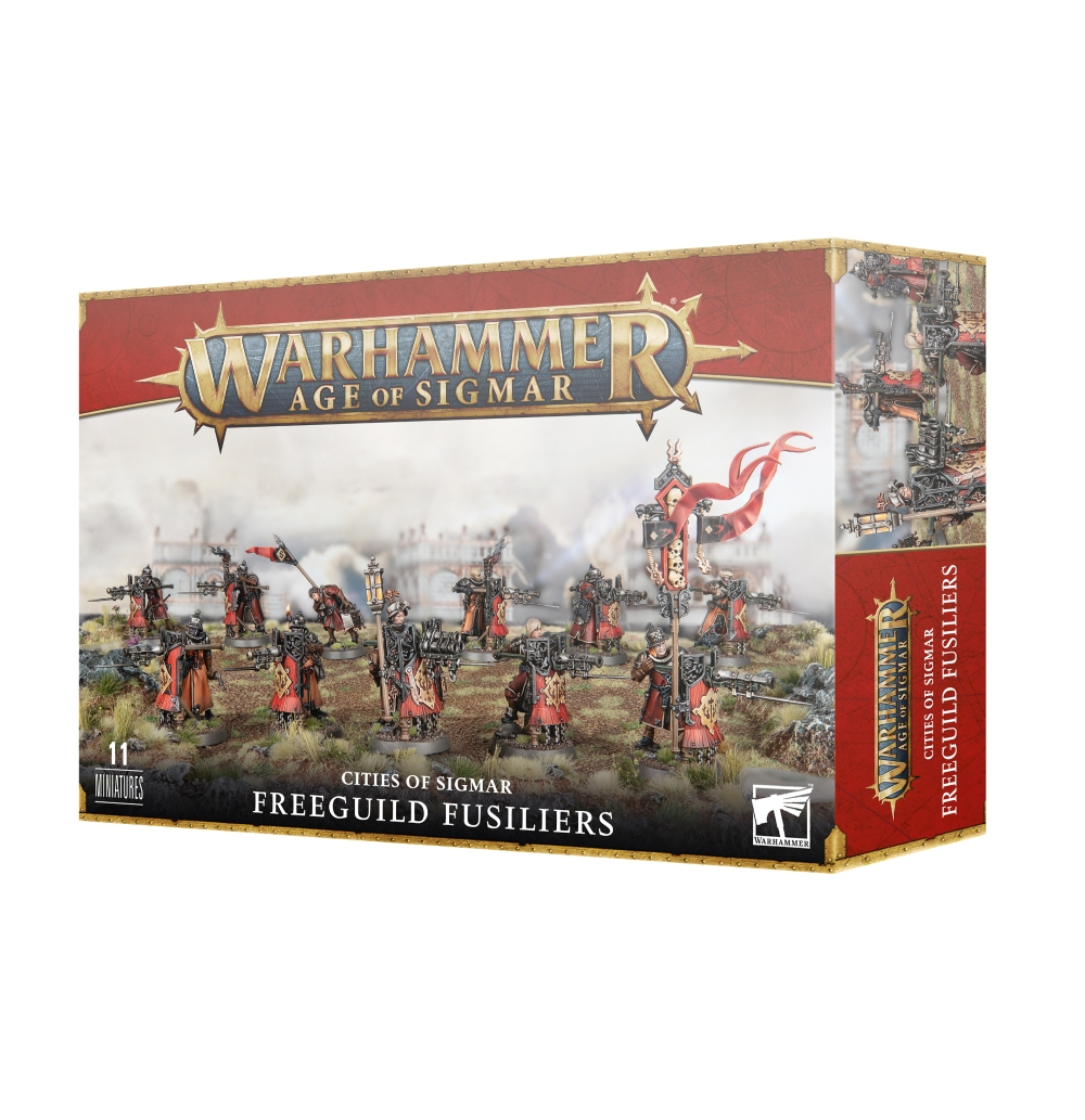 Photo de la boîte de figurines Fusiliers des Guildes Franches pour l'armée Cities of Sigmar de Warhammer Age of Sigmar. L'illustration montre une unité de 11 soldats humains en uniforme bordeaux et noir sur un champ de bataille embrumé. Ils sont abrités derrière de lourds boucliers d'acier plantés au sol (pavois) pour stabiliser leurs grands fusils à silex. Un musicien et un sergent portant une haute bannière ornée de crânes et d'un ruban rouge mènent la formation. Le logo officiel Warhammer Age of Sigmar est affiché en haut.