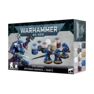 Photographie commerciale de l'emballage cartonné du produit Marines Infernus + Set de Peinture de la gamme Warhammer 40,000. Sur la face avant grise et noire de la boîte, le grand logo officiel Warhammer 40,000 trône au-dessus de l'inscription textuelle "Space Marines : Infernus Marines + Paints". À gauche, une illustration dynamique montre un Space Marine en armure bleue brandissant une épée énergétique. Au centre de la boîte, le contenu inclus est mis en valeur en photo : trois figurines de Space Marines Infernus peintes en bleu et armées de lance-flammes, un pinceau de démarrage Citadel noir, et six pots de peinture Citadel Colour alignés (Macragge Blue, Abaddon Black, Corax White, Balthasar Gold, Armageddon Dust et Agrax Earthshade). Le rabat latéral droit de la boîte montre un aperçu vertical des mêmes pots de peinture.