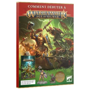 Photo d'emballage du kit d'initiation Comment Débuter à Warhammer Age of Sigmar. Le panneau supérieur de la boîte est rouge avec le titre "COMMENT DÉBUTER À" au-dessus du grand logo doré "WARHAMMER AGE OF SIGMAR". L'illustration centrale verte montre un Stormcast Eternal doré au combat contre plusieurs Skaven sous un ciel d'orage. Devant l'illustration, on voit un livret avec la même couverture, et deux petites figurines à assembler : un Stormcast avec un marteau et un Skaven avec une dague. En bas à droite, une étiquette dorée confirme "VOS PREMIÈRES FIGURINES" et "NI OUTILLAGE NI COLLE NE SONT REQUIS".