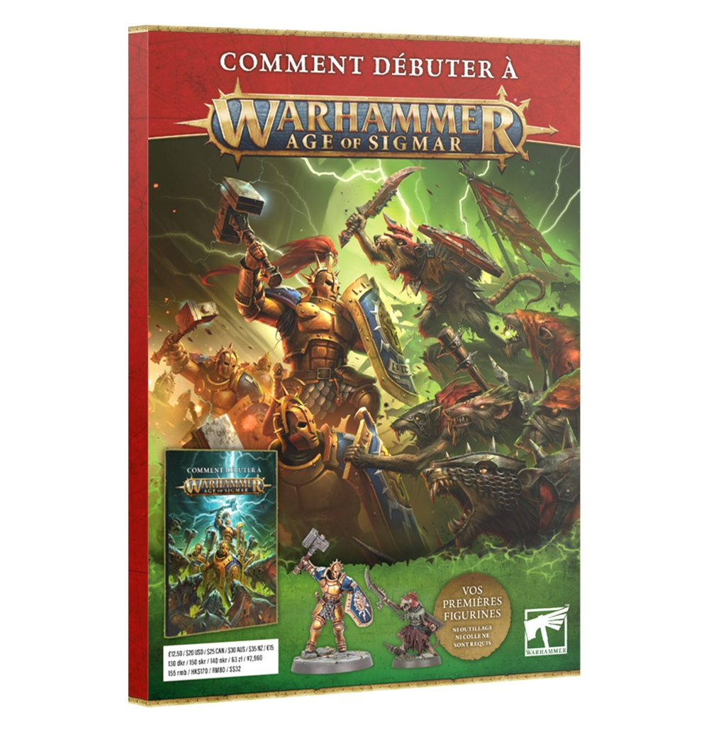Photo d'emballage du kit d'initiation Comment Débuter à Warhammer Age of Sigmar. Le panneau supérieur de la boîte est rouge avec le titre "COMMENT DÉBUTER À" au-dessus du grand logo doré "WARHAMMER AGE OF SIGMAR". L'illustration centrale verte montre un Stormcast Eternal doré au combat contre plusieurs Skaven sous un ciel d'orage. Devant l'illustration, on voit un livret avec la même couverture, et deux petites figurines à assembler : un Stormcast avec un marteau et un Skaven avec une dague. En bas à droite, une étiquette dorée confirme "VOS PREMIÈRES FIGURINES" et "NI OUTILLAGE NI COLLE NE SONT REQUIS".