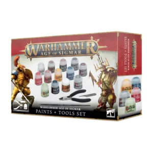 Photo de la boîte de produit Warhammer Age of Sigmar : Set Peinture + Outils. L'emballage présente les éléments inclus au centre : une pince coupante de modélisme noire, un grattoir à lignes de moulage en métal, un pinceau Citadel et 13 pots de peinture Citadel Colour de différentes couleurs (comme l'or, le bleu, le rouge et le vert). Le design de la boîte intègre l'illustration d'un Stormcast Eternal doré sur la gauche et d'un guerrier Kruleboyz sur la droite, surmontés du logo officiel de la marque.