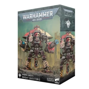 Photo de face de l'emballage de la boîte de Chevalier Questoris (commercialisée sous le nom officiel Knight Questoris) pour le jeu Warhammer 40,000. Le logo officiel argenté "WARHAMMER 40,000" est positionné en haut au centre. Sur la droite, un bandeau vertical gris-vert texturé présente le logo de la faction des Imperial Knights représentant un heaume de chevalier stylisé placé sur un engrenage. L'illustration principale met en scène la gigantesque figurine du Chevalier Questoris, un imposant robot bipède en armure de plaques mécaniques. Sa coque de protection arbore une livrée héraldique divisée en rouge et blanc cassé, complétée par des motifs de bandes diagonales noires et jaunes sur ses jambières. Le automate est équipé de deux immenses armes de tir à la place des mains et d'un bouclier héraldique sur l'épaule gauche portant l'inscription "AERETUS". Une bannière noire ornée de crânes pend entre ses jambes métalliques. L'arrière-plan dépeint les ruines d'une cité gothique impériale détruite sous un ciel brumeux et verdâtre. En bas, une section noire indique "IMPERIAL KNIGHTS KNIGHT QUESTORIS" avec l'inscription "1 CITADEL MINIATURES" visible à droite.
