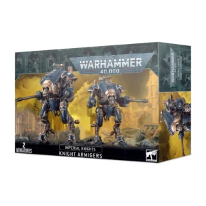 Photographie de l'emballage cartonné des figurines d'Armigères Helvériens pour le jeu Warhammer 40,000. La face avant grise de la boîte arbore le logo bleu et blanc Warhammer 40,000 au centre. L'illustration principale montre deux marcheurs de combat mécanisés, des Chevaliers Impériaux de taille moyenne appelés Armigères. Ils possèdent un blindage bleu nuit orné de bordures dorées et de motifs de croix, et sont armés chacun de deux longs canons d'autocharge latéraux ainsi que d'une mitrailleuse sur le toit. Ils évoluent au milieu de ruines gothiques brumeuses et jaunâtres. Le bas de la boîte, noir, affiche les mentions textuelles "Imperial Knights", "Knight Armigers", le logo Warhammer et l'inscription "2 Miniatures". Le rabat latéral droit présente un fond jaune avec un visuel de l'un des marcheurs vu de profil.