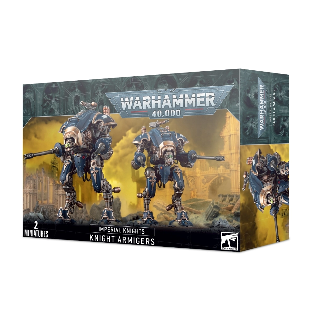 Photographie de l'emballage cartonné des figurines d'Armigères Helvériens pour le jeu Warhammer 40,000. La face avant grise de la boîte arbore le logo bleu et blanc Warhammer 40,000 au centre. L'illustration principale montre deux marcheurs de combat mécanisés, des Chevaliers Impériaux de taille moyenne appelés Armigères. Ils possèdent un blindage bleu nuit orné de bordures dorées et de motifs de croix, et sont armés chacun de deux longs canons d'autocharge latéraux ainsi que d'une mitrailleuse sur le toit. Ils évoluent au milieu de ruines gothiques brumeuses et jaunâtres. Le bas de la boîte, noir, affiche les mentions textuelles "Imperial Knights", "Knight Armigers", le logo Warhammer et l'inscription "2 Miniatures". Le rabat latéral droit présente un fond jaune avec un visuel de l'un des marcheurs vu de profil.