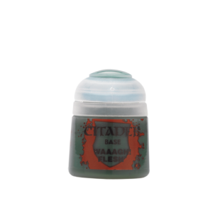 Photographie d'un pot de peinture Citadel Color de 12ml. L'étiquette présente une large bande de couleur vert foncé opaque, caractéristique de la gamme Base Waaagh! Flesh. Le logo "Citadel Color" est visible en haut de l'étiquette blanche, tandis que le nom de la teinte est inscrit en bas. Le capuchon du pot est blanc, indiquant qu'il s'agit d'une peinture de type "Base" à forte pigmentation, idéale pour la couche de fond des figurines d'Orks ou de créatures fantastiques.