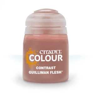 Pot de peinture acrylique officiel de la gamme Citadel Colour présentant la teinte Contrast: Guilliman Flesh. Le flacon transparent laisse transparaître une peinture fluide de couleur chair rosée ou bronzée moyenne. L'étiquette centrale blanche est décorée sur la gauche d'une tache de peinture orange vif stylisée. Les inscriptions textuelles en lettres capitales affichent clairement le logo blanc « CITADEL COLOUR », surmontant les mentions « CONTRAST » et « GUILLIMAN FLESH™ ». Le pot est fermé par un bouchon ergonomique en plastique souple translucide blanc cassé.