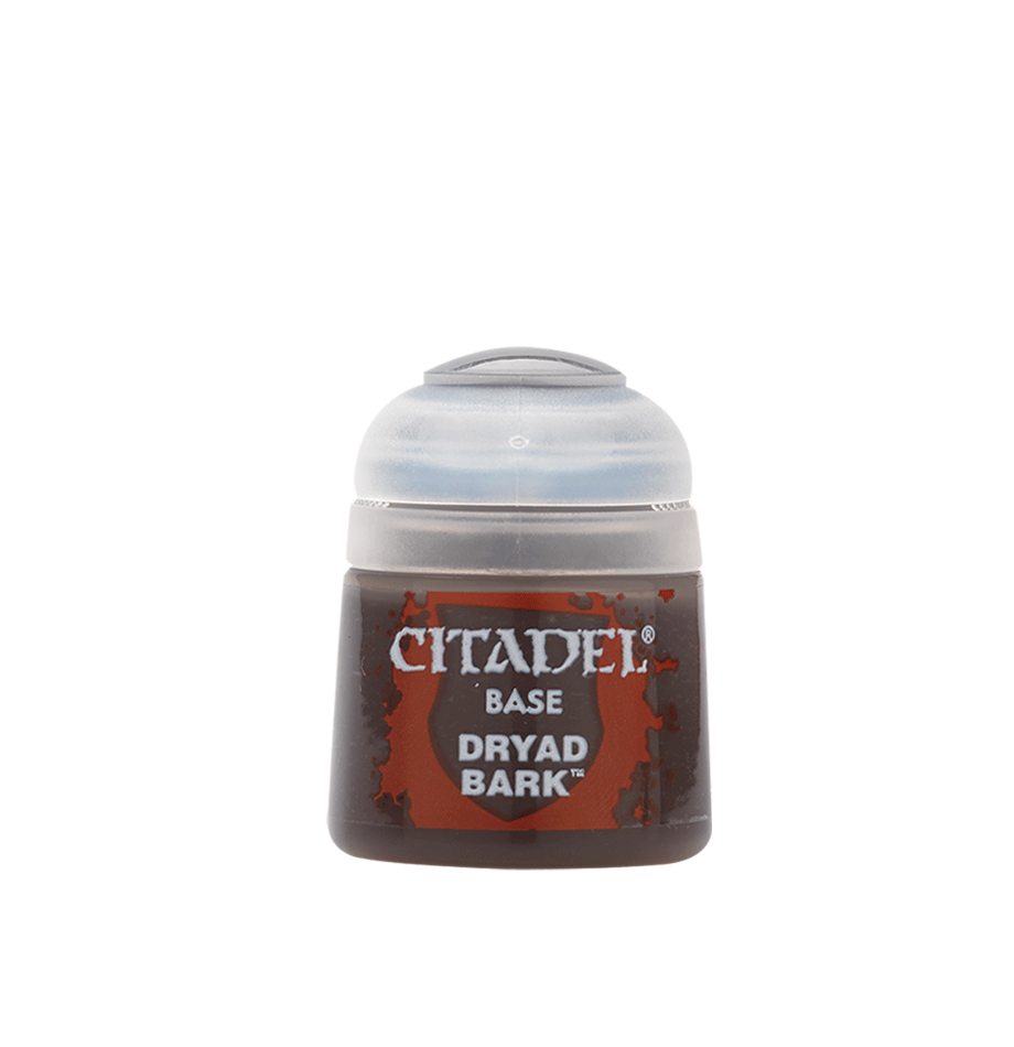 Une photographie d'un pot de peinture Citadel de 12ml présentant la teinte Base Dryad Bark. Le pot en plastique transparent laisse apparaître une peinture de couleur brun terreux très foncé, presque chocolat. L'étiquette centrale affiche le logo "Citadel" en lettres blanches stylisées, surmontant les mentions "BASE" et "DRYAD BARK" écrites en gras. Le capuchon du pot est en plastique gris clair semi-transparent avec un système d'ouverture à charnière.