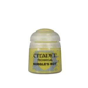 Photo de face d'un pot de peinture en plastique transparent Technical: Nurgle's Rot présenté sur un fond blanc neutre. Le pot laisse apparaître une texture liquide d'une couleur jaune-vert ou vert olive maladive et toxique. L'étiquette centrale grise entoure un motif de blason jaune-vert sur lequel sont imprimées en lettres capitales foncées les mentions « CITADEL », « TECHNICAL » et « NURGLE'S ROT » alignées verticalement. Le pot est fermé par un capuchon à charnière en plastique blanc translucide.