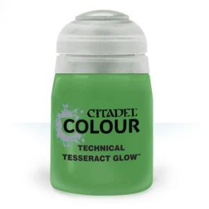Photo de face d'un pot de peinture en plastique transparent Citadel Technical: Tesseract Glow présenté sur un fond blanc neutre. Le pot laisse apparaître un contenu liquide de couleur vert lime très vif, presque fluorescent. Les inscriptions imprimées en noir sur l'avant affichent les mentions « CITADEL COLOUR » au-dessus de « TECHNICAL » et « TESSERACT GLOW™ ». À gauche du texte, une tache de éclaboussure gris clair entoure un petit blason vert. Le pot est fermé par un capuchon à charnière en plastique blanc translucide.