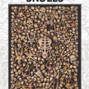 Photographie de la boîte d'emballage du kit d'accessoires Citadel Skulls. En haut du packaging blanc, le titre "CITADEL SKULLS" s'affiche en grandes lettres capitales noires. Le centre présente une large illustration rectangulaire montrant un amoncellement compact et dense de crânes en plastique peints dans des tons beige, ocre et brun. On y distingue une grande variété d'ossements : des crânes humains, des crânes d'Orks, des têtes cornues et, au centre exact, un imposant crâne de monstre extraterrestre perforé. Le fond de la boîte est décoré d'un motif discret de dessins de crânes en filigrane gris. Au bas de la face avant, deux logos de jeux sont imprimés côte à côte : le logo doré de "Warhammer Age of Sigmar" dans le coin inférieur gauche et le logo vert et blanc de "Warhammer 40,000" dans le coin inférieur droit.