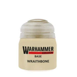 Pot de peinture acrylique officiel de la gamme Warhammer Colour présentant la couleur Base: Wraithbone. Le flacon transparent laisse transparaître une peinture fluide de teinte ivoire / blanc cassé très clair. L'étiquette frontale, de couleur beige assortie, arbore le logo noir souligné d'une bande rouge « WARHAMMER COLOUR », suivi juste en dessous par les inscriptions en lettres capitales noires « BASE » et « WRAITHBONE ». Le pot est scellé par son couvercle ergonomique en plastique souple translucide gris-beige.