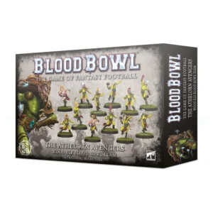 Une vue en perspective de la boîte de produit officielle pour l'Équipe de Blood Bowl d'Elfes Sylvains: Athelorn Avengers, présentée sur un fond blanc épuré. La face avant de l'emballage affiche un fond texturé gris effet pierre, surmonté du grand logo argenté tridimensionnel « BLOOD BOWL » et de la mention « THE GAME OF FANTASY FOOTBALL ». Sur le côté gauche, une illustration colorée montre un elfe sylvain athlétique à la peau verte ornée de volutes, portant un masque de bois et arborant une chevelure rousse dynamique. Au centre de la boîte, les douze figurines peintes de l'équipe sont disposées en action sur une pelouse verte, révélant des joueurs élancés vêtus d'uniformes jaune vif et vert sylvestre, certains arborant des crêtes rousses ou de longs cheveux blonds. En bas, les inscriptions blanches indiquent « THE ATHELORN AVENGERS », « WOOD ELF BLOOD BOWL TEAM » et « 12 X CITADEL MINIATURES », tandis que le logo carré blanc de Games Workshop se situe dans le coin inférieur droit.