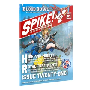 A three-quarter perspective shot showcasing the front cover of the Blood Bowl Spike! Journal Issue 21 (Anglais) gaming magazine against a clean white background. The top left corner features the official "WARHAMMER BLOOD BOWL" logo set against a bright blue sky background decorated with team banners. A large, dynamic illustration in the center depicts a High Elf player in full motion, wearing elegant blue and silver armor with a tall golden helmet, leaping through the air while holding a football. The main title "SPIKE! THE FANTASY FOOTBALL JOURNAL" is written in bold white letters across a striking red torn banner. Bold white headlines at the bottom read "HIGH AND MIGHTY!" and "ROYAL TREATMENT!", accompanied by short paragraphs detailing the rules and history of the High Elves. The words "ISSUE TWENTY-ONE!" are prominently displayed at the very bottom in large block typography next to an official circular "BB" emblem.