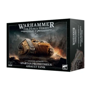 Photo de l'emballage cartonné du produit Citadel Miniature pour le jeu Warhammer: The Horus Heresy, présentant le char de transport lourd Spartan Prometheus Assault Tank. La boîte noire met en avant une illustration centrale d'un imposant tank blindé de couleur jaune sable ou ocre, équipé de chenilles massives et d'une lame de bulldozer à l'avant, progressant dans un paysage de guerre sombre et volcanique sous des projections de braises. En haut au centre, le logo officiel « Warhammer: The Horus Heresy » est inscrit en lettres blanches. En bas au centre, la mention « Legiones Astartes - Spartan Prometheus Assault Tank » est visible. Le coin inférieur gauche affiche le logo « 1 Citadel Miniature » et le coin inférieur droit présente le logo carré blanc de Games Workshop. Le côté droit de la boîte reprend les mêmes inscriptions textuelles sur fond noir.