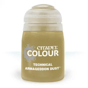 Photographie de face sur un fond blanc épuré d'un pot de peinture en plastique transparent de la gamme Citadel Colour. Le flacon laisse transparaître une peinture texturée épaisse de couleur beige sable ou ocre clair, surmontée d'un capuchon hermétique en plastique translucide. Les inscriptions imprimées en lettres capitales blanches au centre indiquent le logo officiel "CITADEL COLOUR" accompagné d'un motif gris en forme d'éclaboussure, suivi des mentions "TECHNICAL" et "Technical: Armageddon Dust" avec le symbole de marque déposée.