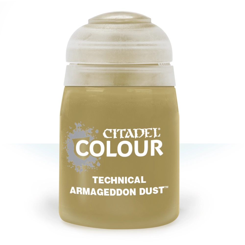 Photographie de face sur un fond blanc épuré d'un pot de peinture en plastique transparent de la gamme Citadel Colour. Le flacon laisse transparaître une peinture texturée épaisse de couleur beige sable ou ocre clair, surmontée d'un capuchon hermétique en plastique translucide. Les inscriptions imprimées en lettres capitales blanches au centre indiquent le logo officiel "CITADEL COLOUR" accompagné d'un motif gris en forme d'éclaboussure, suivi des mentions "TECHNICAL" et "Technical: Armageddon Dust" avec le symbole de marque déposée.