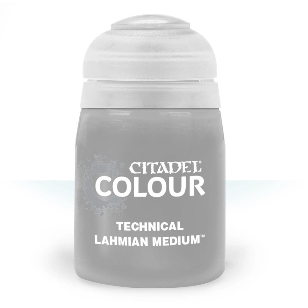 Photographie de face sur un fond blanc épuré d'un pot en plastique transparent de la gamme Citadel Colour. Le flacon laisse apparaître un liquide acrylique incolore et opaque de nuance gris très clair et translucide, surmonté d'un capuchon hermétique en plastique blanc translucide. Au centre de la face avant, les inscriptions textuelles imprimées en lettres capitales blanches affichent la marque "CITADEL COLOUR" soulignée par un motif de blason discret sur la gauche. Juste en dessous, les mentions précisent la catégorie de gamme "TECHNICAL" ainsi que le nom spécifique du produit, Technical: Lahmian Medium, accompagné du symbole de marque déposée.