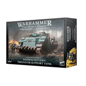Boîte de produit officielle "Warhammer The Horus Heresy" présentant le "Deimos Pattern Predator Support Tank". L'illustration principale montre un char d'assaut blindé de couleur vert émeraude sombre (Sons of Horus), équipé d'une lame de bulldozer à l'avant et d'une tourelle avec un canon à plasma surchauffé brillant d'un bleu lumineux. Le char progresse dans un décor de guerre urbaine apocalyptique en ruines, sous un ciel sombre, avec des explosions rousses à l'arrière-plan. En bas de la boîte, les inscriptions blanches indiquent "Legiones Astartes - Deimos Pattern Predator Support Tank". Le logo officiel Warhammer blanc est visible en haut au centre, et le logo "Citadel Miniature" est présent en bas à gauche. Sur le côté de la boîte, un aperçu montre une variante du char en jaune vif (Imperial Fists). Ce visuel met en avant le kit de modélisme du PREDATOR SUPPORT TANK.