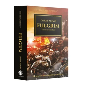 Photographie de la couverture du fichier 60100181290_FulgrimENGHB.jpg présentant le livre Fulgrim Horus Heresy. La tranche noire affiche le logo de la Black Library ainsi que le titre en lettres dorées. La couverture montre une illustration de bataille épique et chaotique dans des tons chauds d'orange, de jaune et de marron, mettant en scène des Space Marines en armure lourde et des machines de guerre au milieu des explosions. En haut, un encadré noir aux bordures dorées contient le nom de l'auteur Graham McNeill, le titre principal "FULGRIM" en capitales dorées et le sous-titre "Visions of treachery". La mention "The Horus Heresy" est visible tout en haut de la page.