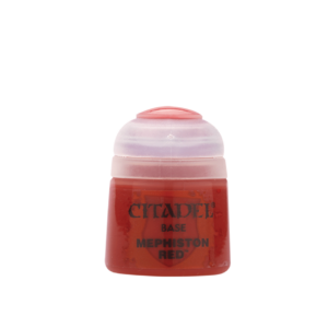 Un pot de peinture Citadel de 12 ml contenant la teinte Base Mephiston Red. Le flacon en plastique transparent laisse apparaître une peinture rouge intense et opaque. L'étiquette affiche le logo Citadel "Base" avec l'inscription "Mephiston Red" en lettres noires sur un blason stylisé. Le bouchon blanc hermétique présente une petite pastille de couleur rouge au sommet pour une identification rapide.
