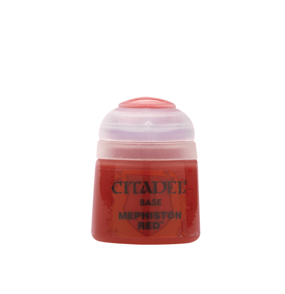 Un pot de peinture Citadel de 12 ml contenant la teinte Base Mephiston Red. Le flacon en plastique transparent laisse apparaître une peinture rouge intense et opaque. L'étiquette affiche le logo Citadel "Base" avec l'inscription "Mephiston Red" en lettres noires sur un blason stylisé. Le bouchon blanc hermétique présente une petite pastille de couleur rouge au sommet pour une identification rapide.