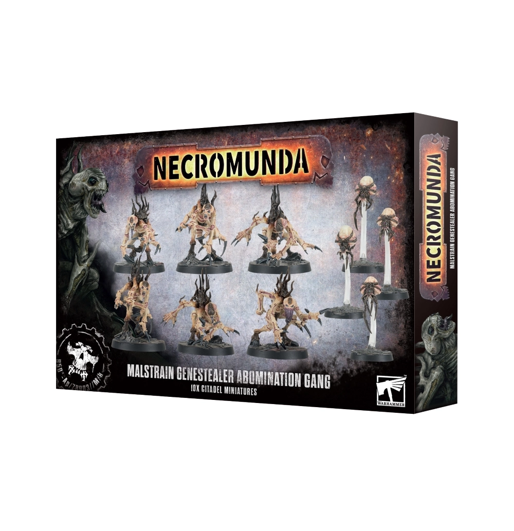 Boîte d'emballage du jeu Necromunda sur fond sombre et métallique. La partie supérieure présente le logo orangé « NECROMUNDA » gravé sur une plaque de métal rouillée. L'illustration centrale montre une bande composée de 10 figurines peintes du Malstrain Genestealer Abomination Gang. L'escouade comprend 6 créatures humanoïdes fortement mutées au teint chair rosâtre, dotées de membres atrophiés ou surnuméraires, de griffes acérées et de protubérances osseuses sombres sur le dos, ainsi que 4 parasites flottants fixés sur des tiges transparentes. Sur la gauche du packaging, une illustration dépeint le buste d'un monstre aux yeux sombres et à la mâchoire déformée. Au bas du coffret figurent les inscriptions « MALSTRAIN GENESTEALER ABOMINATION GANG », « 10X CITADEL MINIATURES » et le logo Warhammer Citadel.