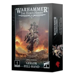 Boîte de produit officielle Warhammer The Horus Heresy présentant le pack pour la figurine Space Wolves: Geigor Fell-Hand. L'illustration centrale montre Geigor Fell-Hand, un guerrier spatial barbu à la longue chevelure blonde, équipé d'une armure énergétique massive ornée de fourrures et d'une imposante griffe de combat, avançant au milieu d'un champ de bataille en flammes. Le fond de la boîte est noir avec des motifs géométriques bleus discrets. Le logo blanc "Warhammer The Horus Heresy" trône au-dessus de l'image, tandis que les mentions "Space Wolves" et "Geigor Fell-Hand" sont écrites en bas au centre. Les logos de Citadel Miniature et de Warhammer sont visibles dans les angles inférieurs.