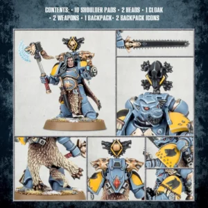Vue de face du packaging cartonné sur fond sombre présentant le kit d'Améliorations Space Wolves Primaris. En haut à gauche, le logo "WARHAMMER 40,000" est visible, face au logo "ADEPTUS ASTARTES" en haut à droite. Le titre principal "SPACE WOLVES UPGRADES" est inscrit en grandes lettres blanches au-dessus de la liste du contenu de la boîte : "CONTENTS: • 10 SHOULDER PADS • 2 HEADS • 1 CLOAK • 2 WEAPONS • 1 BACKPACK • 2 BACKPACK ICONS". La section centrale est divisée en plusieurs cadres illustrant les pièces peintes appliquées sur un Space Marine : la vignette principale montre un guerrier en armure bleu-gris et épaulières jaunes brandissant une hache de givre, tandis que les plans rapprochés montrent une épée tronçonneuse avec garde en forme de loup, un casque sculpté en tête de loup, une cape en peau de bête, un paquetage dorsal orné de têtes de loups et des épaulières jaunes arborant l'icône noire de la légion. La partie inférieure de la boîte affiche le logo "CE", le symbole d'avertissement "0-3" ans dans un cercle rouge, ainsi qu'un texte de sécurité multilingue commençant par "WARNING! Small parts" et "ATTENTION : Contient des éléments petits et pointus."