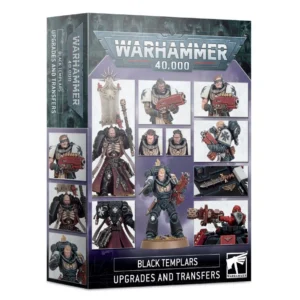 Boîte d'accessoires et de personnalisation pour le jeu de figurines Warhammer 40,000. Le visuel de la boîte présente une mosaïque de plusieurs photographies montrant des exemples d'éléments peints appliqués sur des figurines de Space Marines de la faction Black Templars. On y voit notamment un Chapelain ou un sergent avec une grande bannière dorsale en tissu, des soldats équipés de fusils bolters rouges, des têtes alternatives sans casque avec différentes coupes de cheveux, ainsi que des pièces d'armure ornées de croix de Malte et de reliques. Le logo argenté « Warhammer 40,000 » surplombe l'ensemble sur un fond violet. En bas, sur une bande noire, apparaissent les inscriptions « Black Templars » et « Upgrades and Transfers », à côté du logo carré officiel blanc de Warhammer.