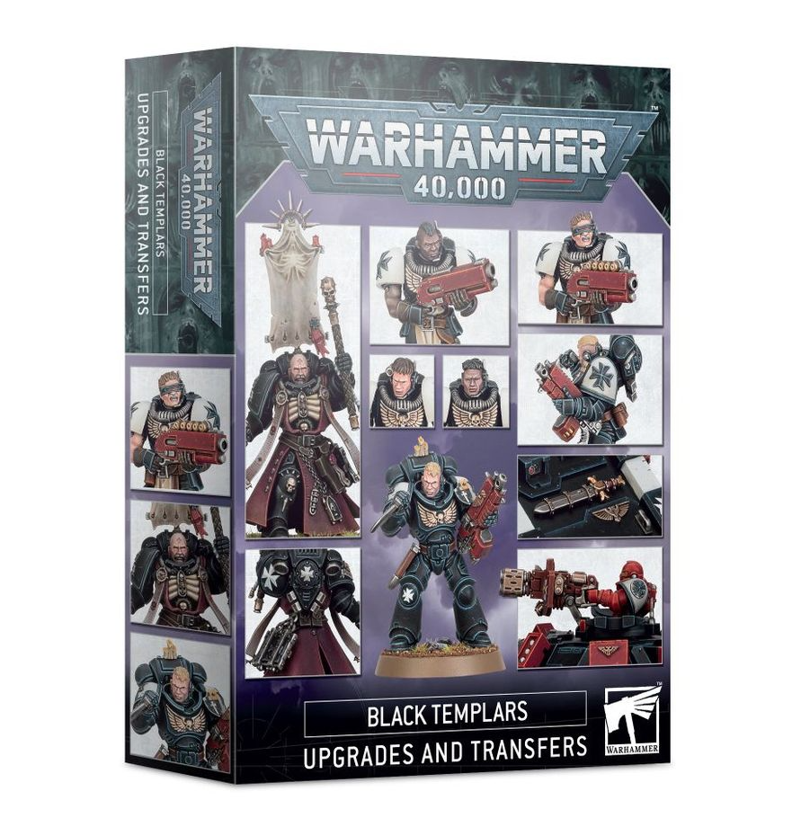 Boîte d'accessoires et de personnalisation pour le jeu de figurines Warhammer 40,000. Le visuel de la boîte présente une mosaïque de plusieurs photographies montrant des exemples d'éléments peints appliqués sur des figurines de Space Marines de la faction Black Templars. On y voit notamment un Chapelain ou un sergent avec une grande bannière dorsale en tissu, des soldats équipés de fusils bolters rouges, des têtes alternatives sans casque avec différentes coupes de cheveux, ainsi que des pièces d'armure ornées de croix de Malte et de reliques. Le logo argenté « Warhammer 40,000 » surplombe l'ensemble sur un fond violet. En bas, sur une bande noire, apparaissent les inscriptions « Black Templars » et « Upgrades and Transfers », à côté du logo carré officiel blanc de Warhammer.