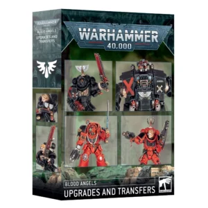 Boîte d'emballage cartonnée officielle de Games Workshop vue de trois-quarts pour le kit d'accessoires Blood Angels: Améliorations et Décalcos de Warhammer 40,000. La couverture présente quatre illustrations carrées mettant en valeur des figurines modifiées grâce à ce pack sur un fond de ruines verdâtres. En haut à gauche, un Space Marine en armure noire de la Compagnie de la Mort brandit une épée-tronçonneuse à lame rouge. En haut à droite, un imposant Dreadnought noir affiche une grande croix rouge et un crâne ailé sur son blindage. En bas à gauche, un Terminator en armure rouge vif tient une épée énergétique. En bas à droite, un guerrier rouge vise avec son pistolet bolter. Le sommet de la boîte arbore le logo métallique gris "Warhammer 40,000". Le bas de la boîte affiche un bandeau noir comportant la mention blanche "BLOOD ANGELS UPGRADES AND TRANSFERS" à côté du logo blanc de Games Workshop. Sur le flanc gauche gris de la boîte, on distingue le logo blanc du chapitre (une goutte de sang ailée) ainsi que des plans rapprochés des figurines.