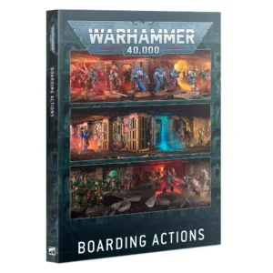 The front cover of the Warhammer 40,000: Boarding Actions rulebook, displayed from a three-quarter angle against a clean white background. The book features a dark cover framed by a wide, finely textured teal border. At the top, the official metallic grey "WARHAMMER 40,000" logo is centered. The center of the cover features three horizontal rectangular panels showcasing Citadel miniatures in action within enclosed, industrial terrain: the top panel is illuminated by a warm orange glow, the middle panel displays a dark corridor pierced by a cyan-blue magical light, and the bottom panel shows Space Marines advancing through debris under an ominous red light. At the bottom, the title "BOARDING ACTIONS" is printed in large, clean white capital letters.