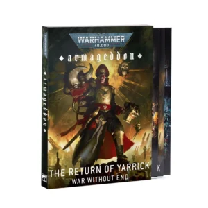Three-quarter view of the cover of the book Armageddon: The Return of Yarrick – War Without End (Anglais) for Warhammer 40,000, with other booklets visible just behind it. The central illustration features the iconic Imperial Commissar Sebastian Yarrick on a battlefield, standing before a bright yellow explosion. He wears his classic officer's cap, has a glowing bionic eye shining red, and wields a massive captured Ork power klaw on his right arm and a storm bolter in his left hand. At the top, the official blue and grey "Warhammer 40,000" logo stands above the word "armageddon" written in white gothic letters. The title "THE RETURN OF YARRICK" and the subtitle "WAR WITHOUT END" are printed in bold white capital letters at the bottom.