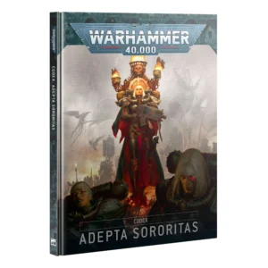 Livre à couverture rigide du CODEX: ADEPTA SORORITAS (HB) (FRANCAIS) pour Warhammer 40,000, présenté de trois-quarts. La couverture arbore le logo officiel bleu et argenté "Warhammer 40,000" en haut. L'illustration centrale montre une guerrière de l'Adepta Sororitas en armure énergétique sombre et cape rouge, brandissant un bolter sous un encensoir enflammé. Deux autres Sœurs de Bataille aux cheveux blancs coupés court apparaissent au premier plan sur fond de champ de bataille brumeux. Le titre "CODEX ADEPTA SORORITAS" est inscrit en lettres capitales blanches en bas.