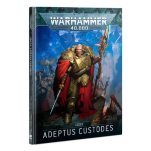 Photographie de trois-quarts du livre de règles Codex Adeptus Custodes pour le jeu de figurines Warhammer 40,000. La couverture rigide présente une illustration centrale épique sur un fond bleu nuit et texturé. Un imposant guerrier Custodien en armure énergétique dorée et cape rouge vif se tient fièrement, brandissant une lance gardienne d'une main et une épée énergétique de l'autre. En arrière-plan, on aperçoit d'autres soldats de l'Adeptus Custodes portant des bannières et des armures similaires. En haut du livre, le logo officiel « Warhammer 40,000 » est inscrit en lettres capitales grises et blanches. En bas, le titre « Codex Adeptus Custodes » est clairement visible en lettres blanches épurées.