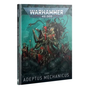 Livre à couverture rigide du Codex: Adeptus Mechanicus pour le jeu Warhammer 40,000, présenté debout et de trois-quarts. L'illustration de couverture se détache sur un fond turquoise lumineux texturé de lignes de visée et de schémas techniques. Elle met en scène un immense archimage cybernétique lourdement augmenté, drapé dans une bure rouge vif et brandissant un sceptre mécanique au milieu d'une suite de prêtres et de serviteurs. Au premier plan, en bas de l'image, s'alignent les silhouettes sombres de casques métalliques. Le haut de la couverture arbore le logo officiel gris et bleu "Warhammer 40,000", tandis que le bas affiche les mentions blanches "CODEX" et "ADEPTUS MECHANICUS". Sur la tranche noire du livre, les inscriptions textuelles du titre sont répétées verticalement.