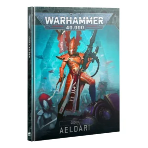 Vue de trois-quarts de la couverture du livre de règles officiel Codex: Aeldari pour le jeu de stratégie Warhammer 40,000. Le grand logo argenté de Warhammer 40,000 est positionné en haut au centre sur une bordure supérieure gris foncé. L'illustration centrale met en scène un guerrier d'élite Aeldari, un Vengeur Lugubre, vêtu d'une armure orange vif et d'un casque à crête haute de la même couleur. Il brandit une longue arme à feu noire futuriste d'une main et une lame de combat de l'autre, tout en posant un pied sur l'épaulette détruite d'une armure violette de Space Marine. En arrière-plan, sous un ciel bleu turquoise lumineux, on aperçoit des silhouettes de vaisseaux spatiaux et d'autres soldats extraterrestres au milieu des combats. En bas au centre, une boîte noire épurée indique de manière lisible les inscriptions blanches "CODEX AELDARI". La tranche du livre, de couleur gris foncé texturée, répète verticalement le titre de l'ouvrage ainsi que le logo du jeu.