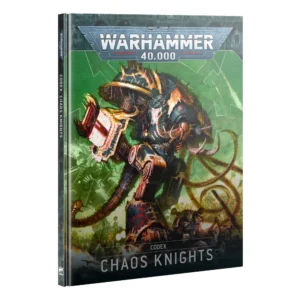 Front cover of the hardback rulebook known as the Codex: Chaos Knights (Anglais) for the Warhammer 40,000 tabletop wargame, displayed at a slight three-quarter angle to showcase both the front cover and the book's spine. The central artwork features a massive, towering Chaos Knight biomechanical war machine captured mid-action in a dynamic pose. The terrifying war machine is constructed from dark, corrupted metal plates adorned with spiked trim, brass filigree, and prominent, curving horns protruding from its chassis. It wields a massive, rectangular energy cannon glowing with internal red heat on its right arm, while its left side features long, segmented prehensile mechanical tentacles whipping through the air. The lower legs of the machine are splattered with blood-red patterns. The background is dominated by a vibrant, glowing toxic green hue crisscrossed with sharp, white geometric lines resembling a tactical radar display, targeting matrix, or energy arcs. In the lower background, hints of other chaotic forces and war machinery are faintly visible through the green haze. The official metallic-grey and blue "Warhammer 40,000" logo is prominently displayed at the top center of the cover. At the bottom, within a dark horizontal banner, the title "CODEX: CHAOS KNIGHTS" is printed in clean, white capital letters. The spine on the left side mirrors the dark green and black aesthetic, cleanly displaying the "Warhammer 40,000" logo, the book title, and a small white Citadel logo at the base.