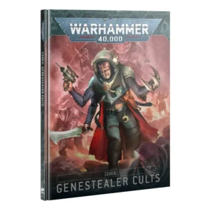 Livre officiel de règles Warhammer 40,000 présentant la couverture du Codex: Genestealer Cults. L'illustration principale montre un leader hybride du culte à trois bras au centre, vêtu d'une combinaison de mineur industrielle verte et d'une cape rouge. Il brandit un pistolet laser, une épée de puissance incurvée et une griffe tranchante de Genestealer. Le fond baigne dans une atmosphère brumeuse et industrielle rouge et violette, où se dessinent d'autres insurgés du culte en arrière-plan. Le haut de la couverture arbore le logo gris métallique "Warhammer 40,000", et la partie inférieure indique les inscriptions blanches "Codex" et "Genestealer Cults".